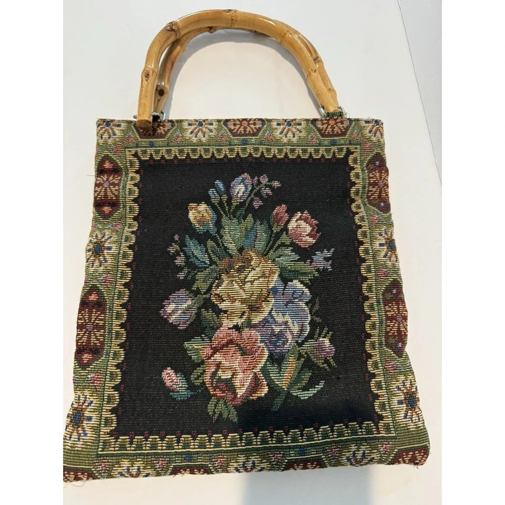 VTG 70s Beaded Floral Tapestry Bag Bamboo Handle Boho Handbag